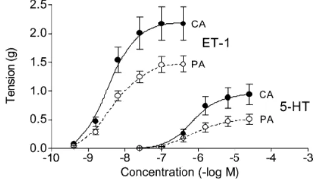 Fig. 1. Contractile responses to endothelin-1 (ET-1, for each curve n ¼ 20) and 5-hydroxytryptamine (5-HT, for each curve n ¼ 16) on internal thoracic arteries from the perfused ( W , PA) and clipped ( X , CA) group.