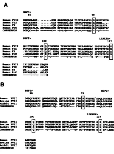 Figure 3. A. Comparison of the predicted **&#34;inn acid sequences of lnTimn factors VD (17), DC (18), X (19) and protein C (PrQ (20) beginning at resklue 46:  EOF-UlPB domailM 1 and 2, pirn thr ltnlrfng rryinn m thrr»i+»-ny li*||||iini| nf (far HgM rlu*BM