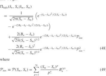 Figure 1. The halo bias at linear order as a function of ν = δ c /σ. Our formula in equation (55) (solid black line) is compared to other results: the fit to N-body simulations as in Tinker et al