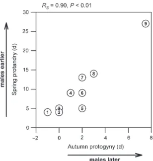 Fig. 4 Correlation between the extent of protandry during migration in the spring and the extent of protogyny in autumn among nine Palaearctic passerine migrants trapped between 1960 and 2000 at Heligoland