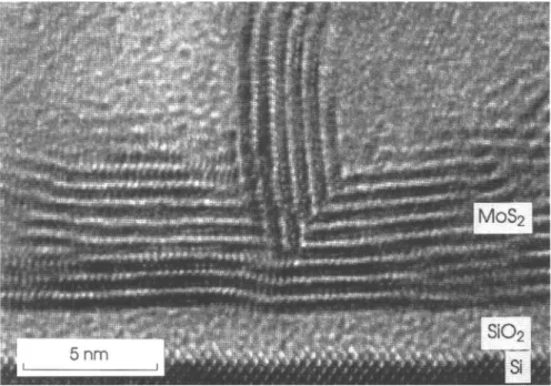 FIG. 4. High-resolution TEM micrograph of the interfacial region of the film of Figs. 1 and 2 (cross section)