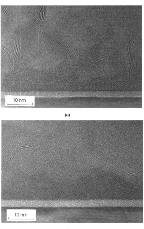 FIG. 10. Cross-sectional TEM micrograph of the interface of MoS2thin films contaminated during deposition by different amounts of water vapor: (a) 1.3 • 10" 2  Pa and (b) 5.3 • 10" 2  Pa.