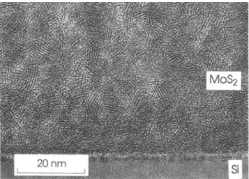 FIG. 11. Cross-sectional TEM micrograph of an originally amor- amor-phous MoS 2  thin film after 1 h annealing under vacuum at 500 °C.