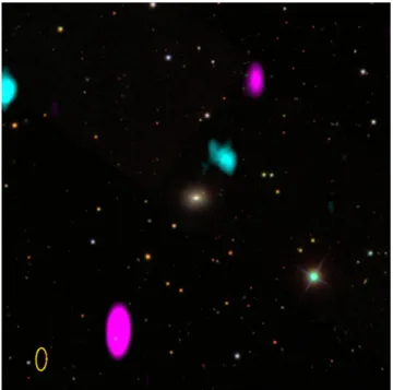 Figure 5. Multicolour composite of the J0836 + 30 field (centred on J0836 + 30) where the background colour image is a multicolour composite of the five SDSS optical ugriz bands