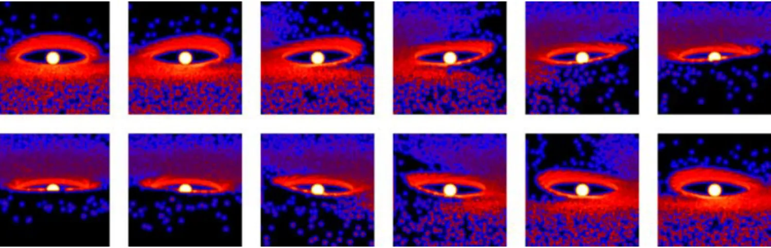 Figure 7. Scattered light images of the warped disc inclined at 75 ◦ and with an image diameter of 0.2 au clearly showing the material responsible for the photopolarimetric variations occulting the star