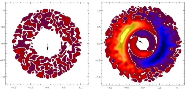 Figure 10. These images of the accretion disc viewed from directly above the star are coloured according to the mean height from the mid-plane at the beginning (left) and end (right) of the simulation