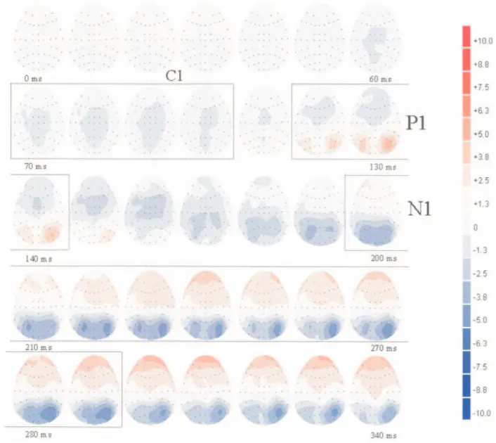 Figure 3. Horizontal voltage maps in the fear valid condition from bar-probe onset (0 ms) until 340 ms post-stimulus onset