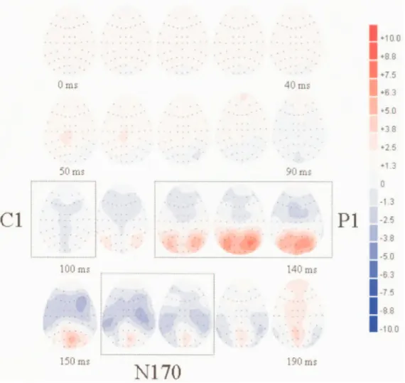 Figure 5. Horizontal voltage maps in the fear condition from face-pair onset (0 ms) until 190 ms post-stimulus onset