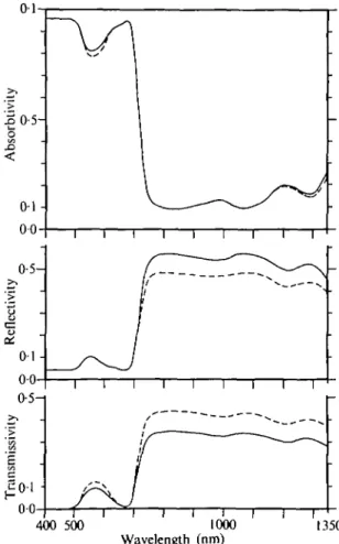 FIG. 1. Spectral properties of the upper surface of an adult leaf of Tutsilago farfara L