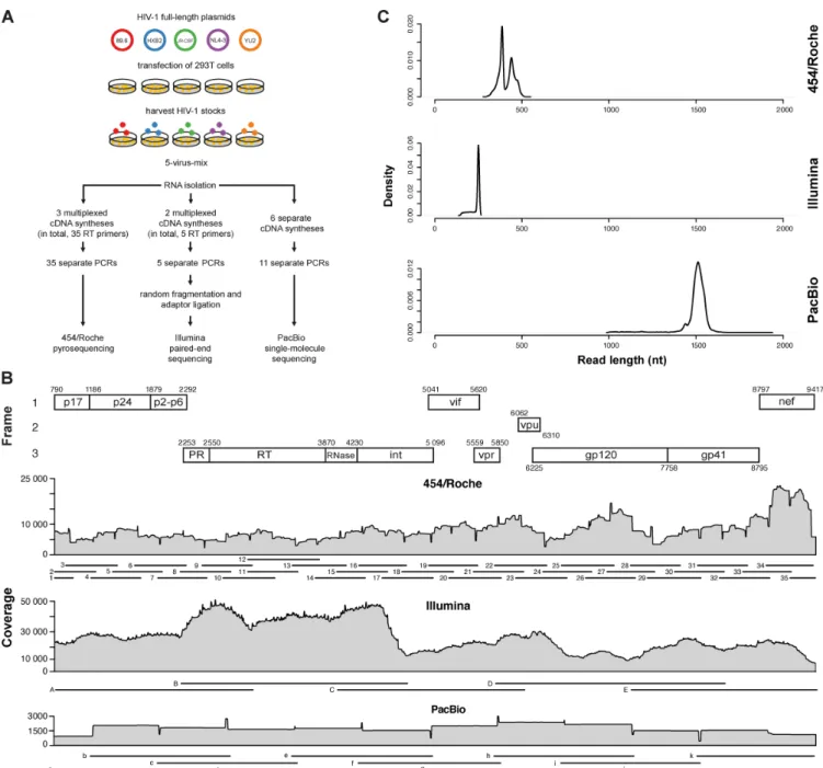 Figure 1. HIV-1 full-length genome sequencing using three different NGS technologies. (A) Experimental protocol