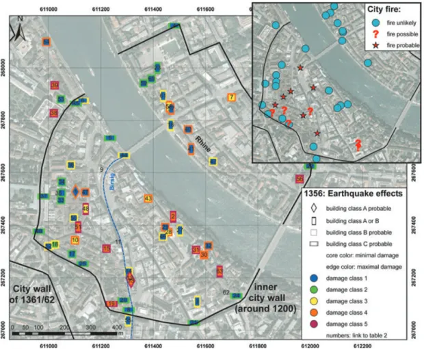 Figure 8. (a) Overview of the assessed buildings in Basel, including the most probable vulnerability class and the range of possible direct earthquake damage.