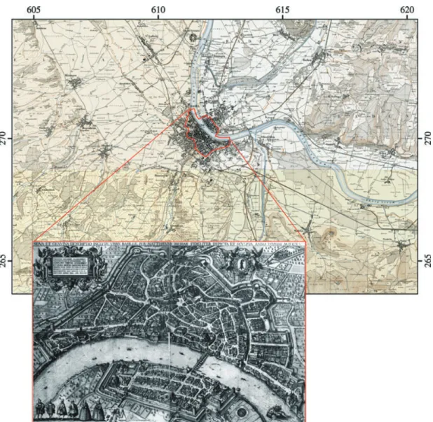 Figure 2. Geographical map of the area of Basel published in 1880 [Schumacher 1878/1880; coordinates: Swiss National Grid in (km)], and representation of the city of Basel in 1615, seen from the North (Merian 1615)