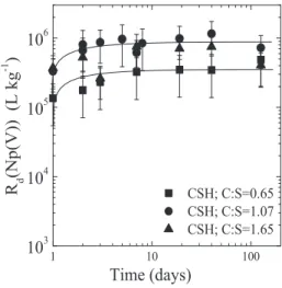 Fig. 2: Kinetics of the Np(V) sorption onto C–S–H phases with different C:S ratios under alkali-free conditions.