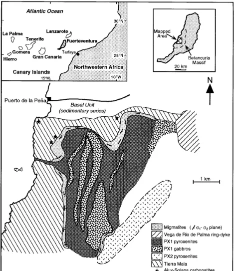 Fig. 1. Geological map of the central western part of the Betancuria Massif ( Fuerteventura Basal Complex)