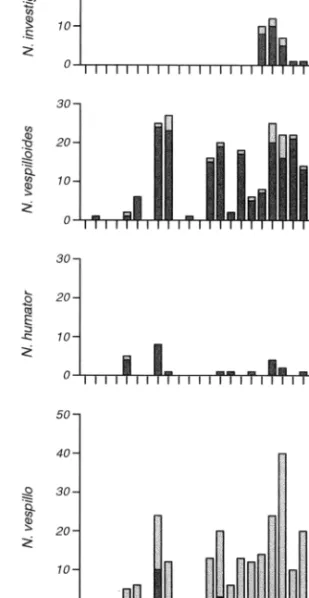 Table 1. Average probabilities of potential inter- and intraspe- intraspe-cific (in bold) encounters for the four species of burying beetles occurring on the study site in 1991