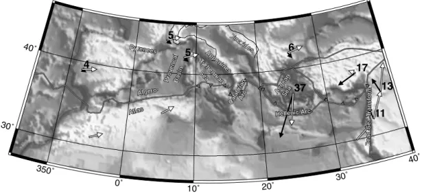 Figure 1. Tectonic map of the Mediterranean region, with topography. Included are simplified plate boundaries (black lines) and plate velocities (black and white arrows), taken from the global plate boundary model PB2002 of Bird (2003; in reality the bound