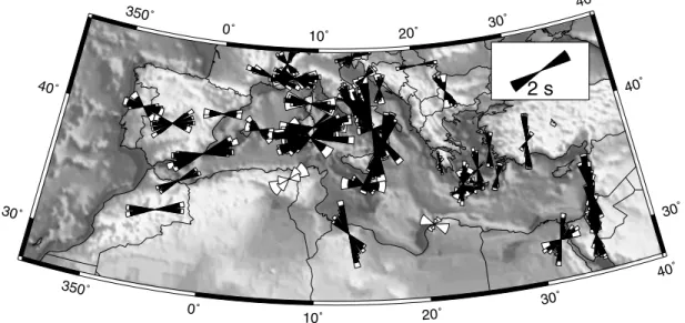 Figure 5. Map showing splitting parameters that were derived in this study. Wedge width is proportional to the standard deviation of the fast axis direction, white areas at the outside of the wedges are proportional to the standard deviation of the splitti