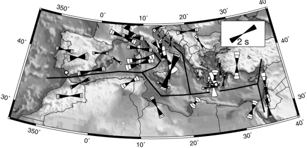 Figure 6. Map showing mean values of the splitting parameters as given in Table 1. Dots give stations where splitting was not observed.