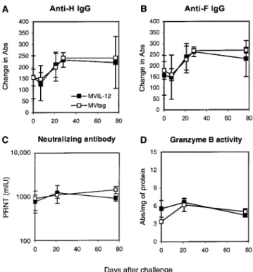 Figure 5. Antibody and cytotoxic T lymphocyte responses to challenge with wild-type virus in monkeys vaccinated with measles virus (MV) expressing human interleukin (IL)–12 (MVIL-12) or parent MV not  ex-pressing IL-12 (MVtag)