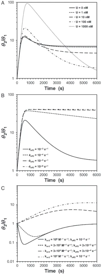 Fig. 1. Analytical simulations of off-rate-based enrichment in binary libraries. Unless otherwise noted, the model parameters are: k off1 ¼ 10 22 s 21 , k off2 ¼ 10 23 s 21 , k on ¼ 10 5 M 21 s 21 , B ¼ 5 nM, U ¼ 100 nM.