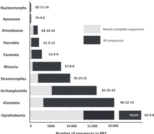 Figure 1. Total number of SSU rDNA gene sequences in the PR2 database for each main eukaryotic lineage (all sequences = grey+black, complete or nearly complete sequences in light-grey)