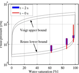 Figure 9. Interval (minimum to maximum) fluid pressure measured at times t → 0 s and t = 2 s (shown as red and blue bars), compared with the predicted fluid pressure (black curves), as a consequence of a vertical strain of 2 × 10 − 5 , according to the two