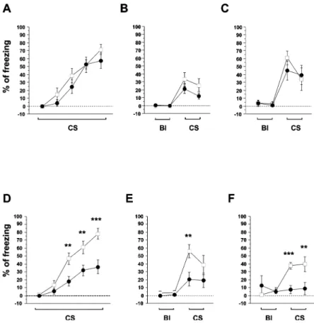 Figure 7. Fear conditioning task. (A, B and C) KO (n ¼ 7) and WT (n ¼ 7) N5 backcross animals tested for delayed fear conditioning: (A) average percentage of freezing during each 15 s CS presentation, during the training session; (B and C) average percenta