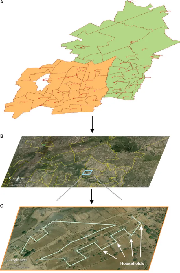 Figure 1. Households in the 2 districts were mapped by obtaining shape ﬁ les for administrative boundaries ( A ), overlaying administrative boundaries on Google Earth imagery ( B ), and visually identifying and recording households using the ADD PATH tool 