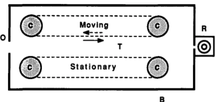 Fig. 1. Schematic, overhead view of experimental apparatus (not to scale). Bees are trained to enter the perspex box B through the opening O and to fly along tunnel T to receive a reward of sugar water in the box R