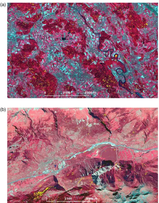 Figure 9 illustrates forest cover change and non-change in three pro- pro-files. The profiles in Figures 9a (forest area) and 9b (non-forest area) show no forest cover changes