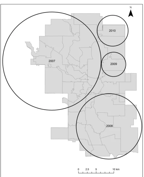 Fig. 5. Map of Calgary, Alberta showing the signi ﬁ cant clusters of enteric syndrome identi ﬁ ed using retrospective space – time permutation model.