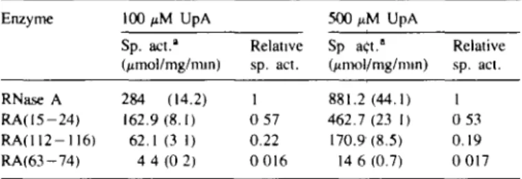 Table I. Specific activities of RNase A and RNase —angiogenin hybrids with UpA as substrate