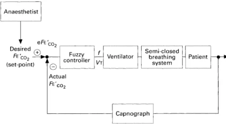 Figure 1  Block diagram of the control loop for mechanical ventilation. From the actual  end-tidal carbon dioxide fraction  ( F E ′ CO 2 ) , measured by the capnograph (Datex  Capnomac Ultima-SV), the deviation from the desired end-tidal carbon dioxide fra