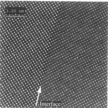 Fig. 1 HREM micrograph of a 90° ferroelectric domain wall in PbTiO, taken on a |0I0] zone axis.
