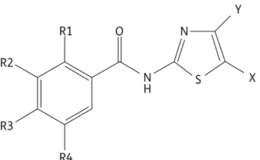 Figure 4. Core structure of the thiazolides. R1–R4, X and Y of the compounds used in this study are indicated in Table 1.