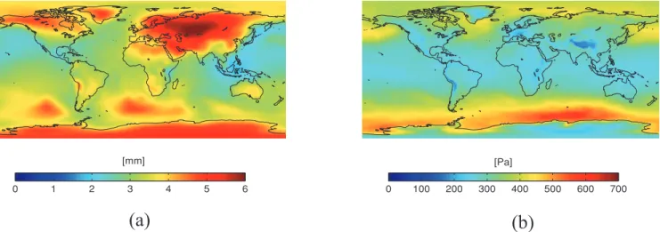 Figure 9. Rms of (a) error-free AOD product over 1 yr in terms of geoid heights (2007, Unit: mm) and (b) rms of error of the vertically integrated atmospheric pressure σ I n over 1 yr (2007, Unit: Pascal) Remark: the range of 0–6 mm geoid height equates ap