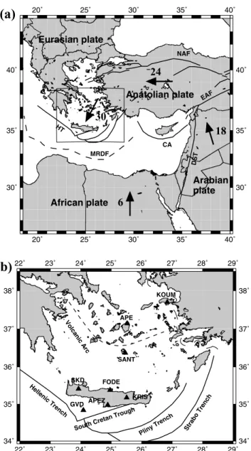 Figure 1. (a) Simplified tectonic map of the Eastern Mediterranean (CA = Cyprian arc; DST = Dead Sea Transform; EAF = East Anatolian Fault; HT = Hellenic Trench; MRDF = Mediterranean Ridge Deformation Front; NAF = North Anatolian Fault)