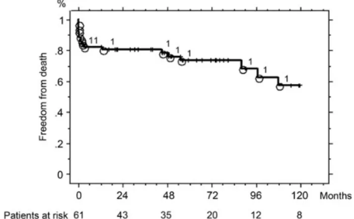 Figure 1: Kaplan–Meier freedom from death with patients at risk in the overall cohort.