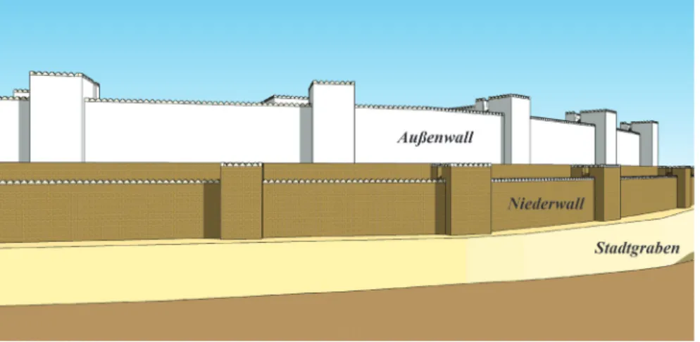 Abb.   6: 3D-Rekonstruktion (Google SketchUp) der Sulm ā nu-a š ar ē d   III.-zeitlichen Fortifikationen im Bereich von Binnenwalltürmen 13 und 14 (nach Andrae 1913: Taf