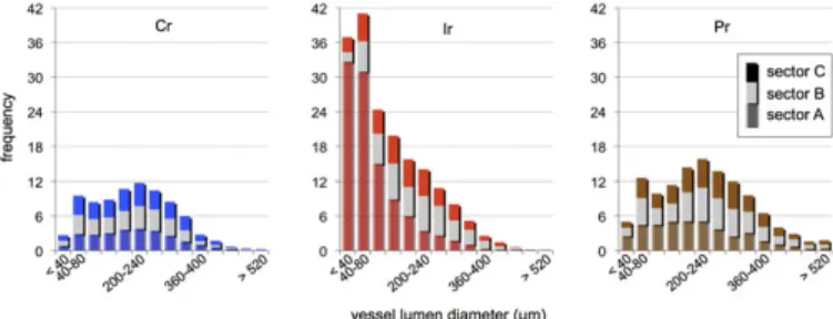 Fig. 3. Histograms of vessel size distribution for each ring type.