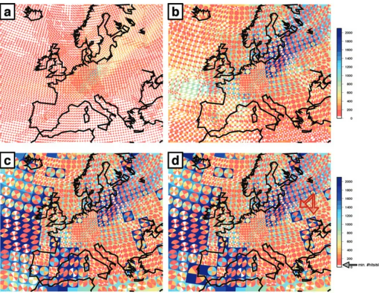 Figure 4. Hit count of Rayleigh waves with a period of 35 s, and four different grids: (a) uniform 0.625 ◦ ; (b) adaptive with 0.625 ◦ , 1.25 ◦ pixels; (c) 0.625 ◦ , 1.25 ◦ and 2.5 ◦ ; (d) final adaptive grid with 0.625 ◦ , 1.25 ◦ , 2.5 ◦ and 5 ◦ 