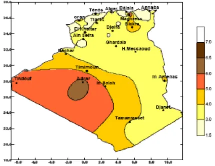 Fig. 1.3 – Carte de la vitesse moyenne du vent ` a 10m du sol (m/s) en Alg´ erie[ TIR10 ] .