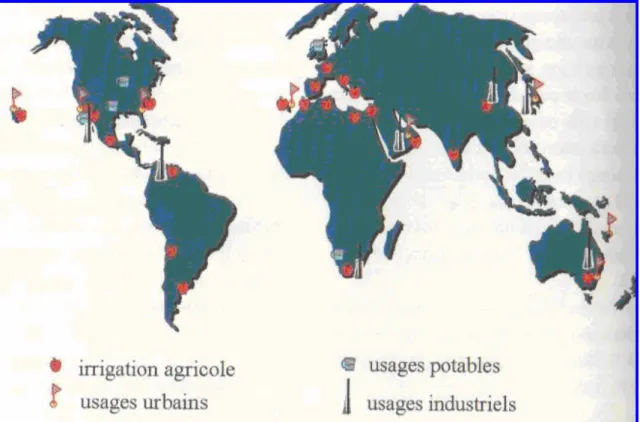 Fig. I.2. Principaux lieux de réutilisation des eaux usées dans le monde (Ecosse, 2001) 