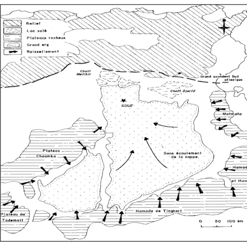 Fig. 3.1- Zone d’alimentation de la nappe phr•atique et le sens d’•coulement de la nappe (Cote Marc, 2006)