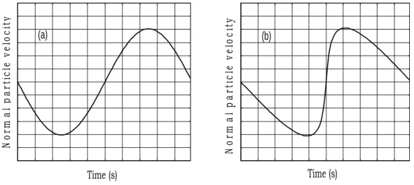 Figure IV.2: Effect of nonlinear distorsion of a plane sinusoidal wave. (a) Initial  waveform