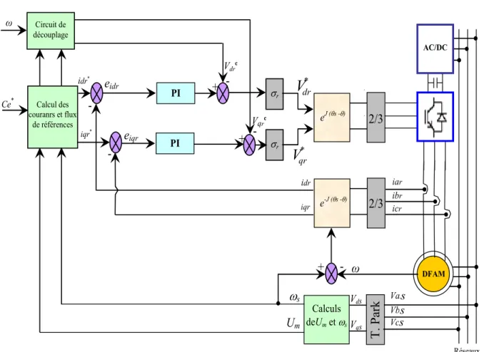 Fig. II.4. Schéma bloc global de la commande vectorielle de la DFAM 2/3  e-J (θs -θ)Circuit de découplage Calcul des couranrs et flux de références PIσr  eJ (θs -θ) 2/3 σrCe*ω Calculs 2/3 deUm et ωs idr* iqr* idr iqr   -    -          +   -ω   ωs UmVdrcVqr