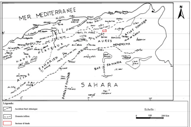Fig I.1 : Situation du terrain d'étude dans les principaux ensembles geomorphologiques   du Nord de l'Algérie.