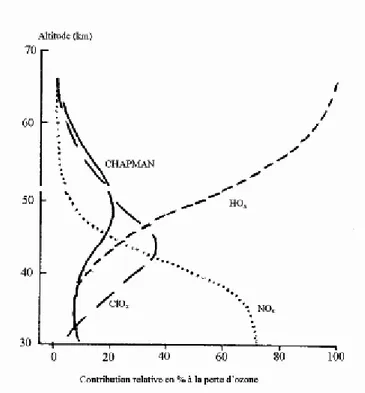 Figure 1.2 : Contribution relative des différents cycles catalytiques à la destruction de  l’ozone stratosphérique [4]