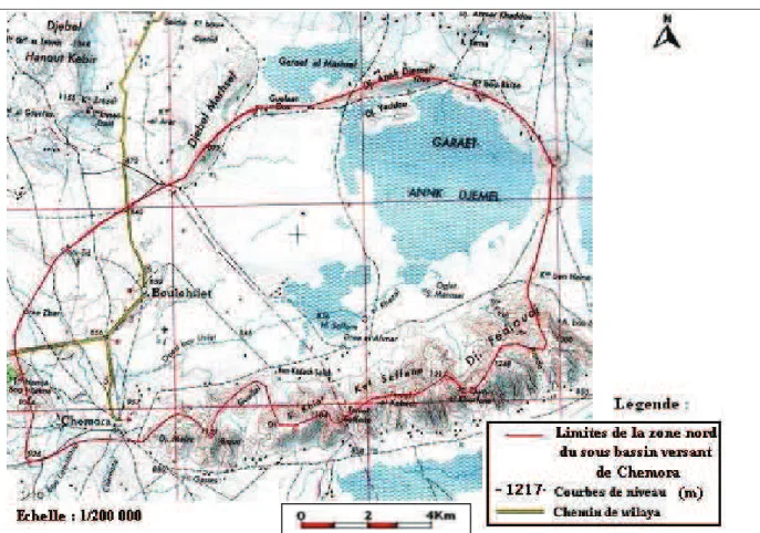 Fig n° 03 : Carte topographique (zone nord) du sous bassin versant de Chemora extrait de la carte                                        topographique  de Batna (feuille NI-32-XIX)