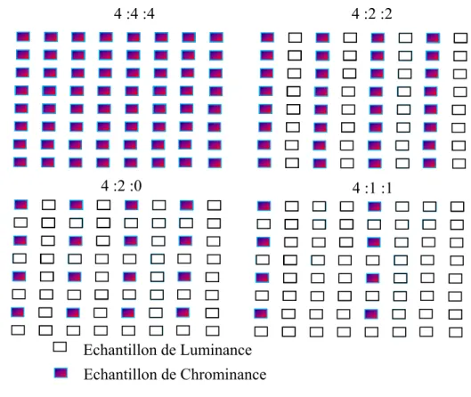Figure I.3  Les différents formats de sous-échantillonnage des chrominances 